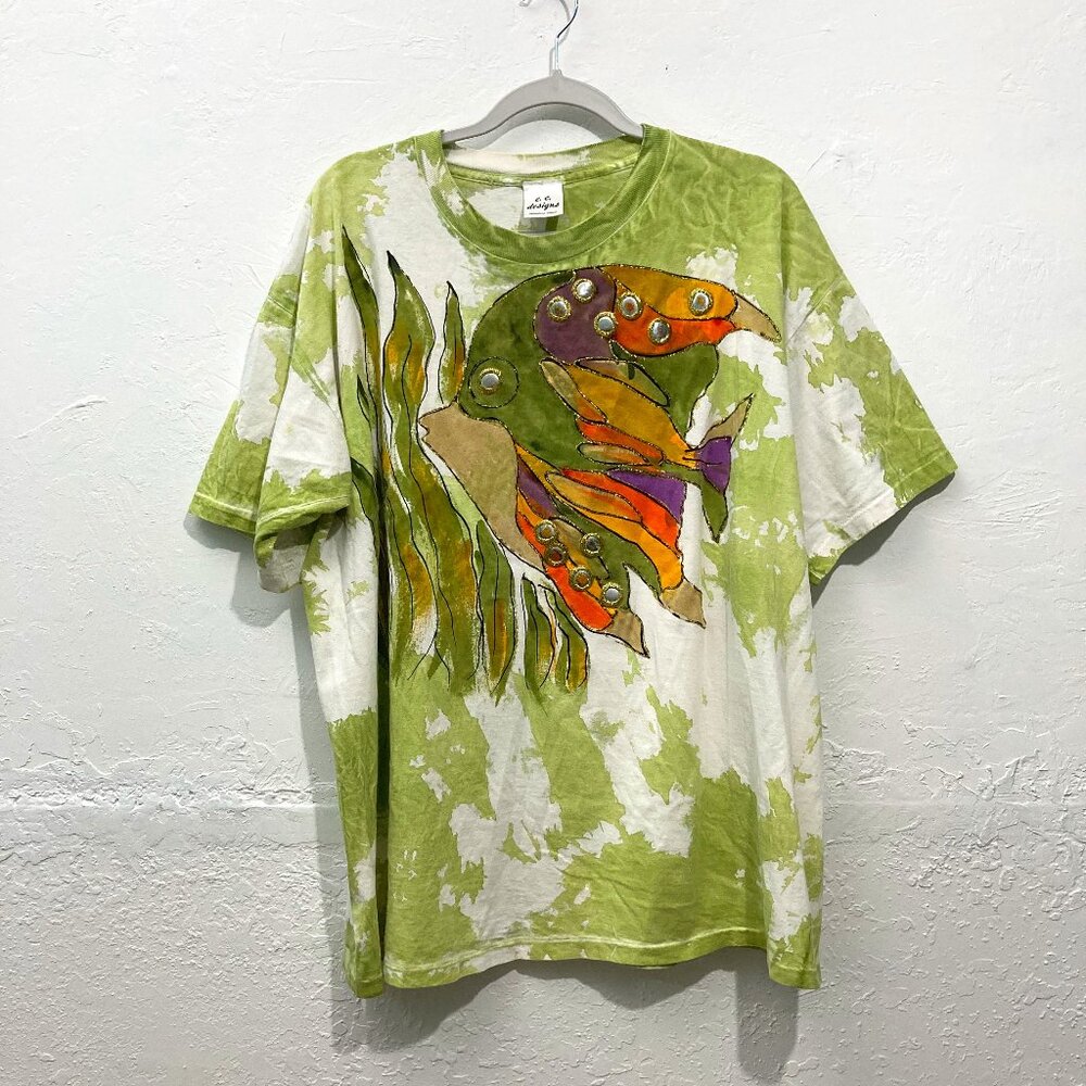 Vintage C.C designs Hand Painted Original Womens T-Shirt Wearable Art Fish OS